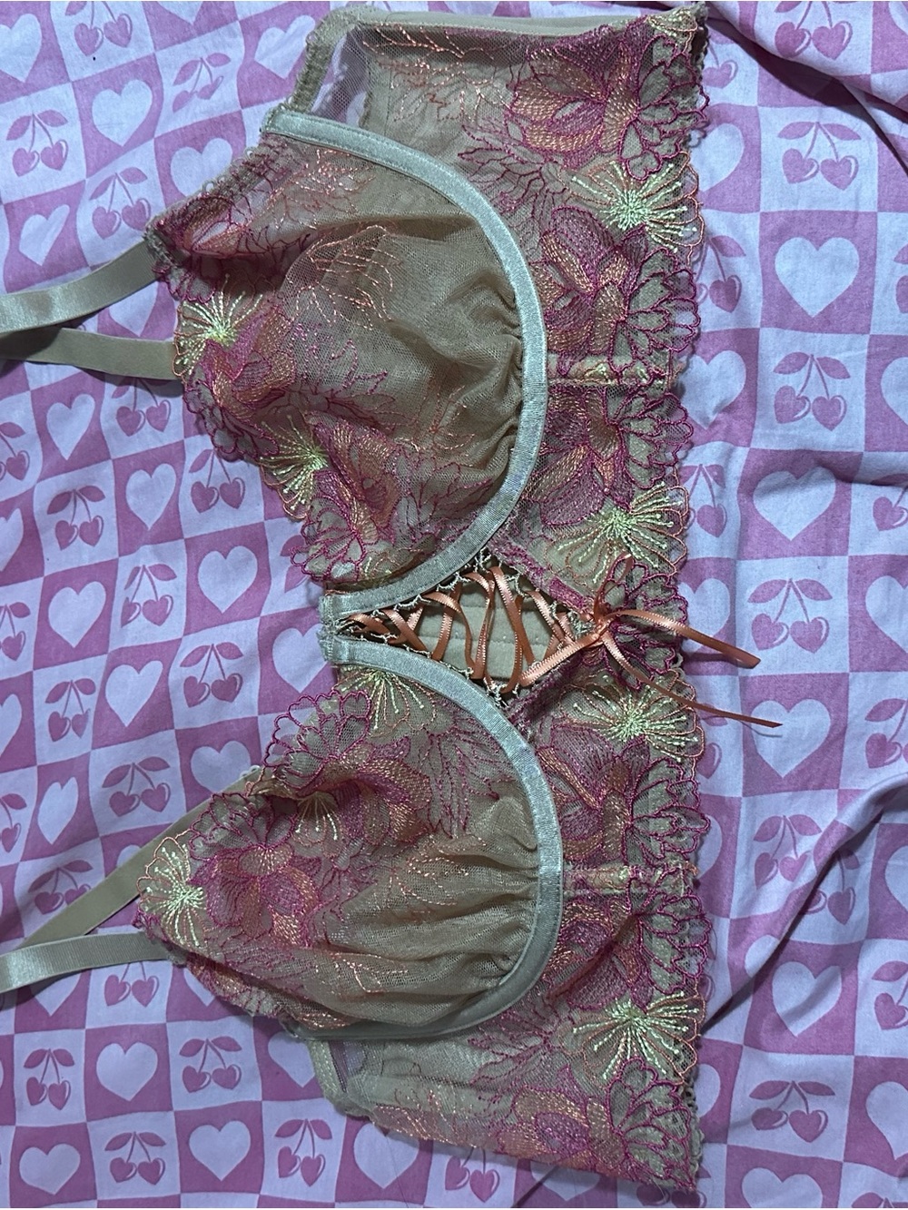 Embroidered Sheer Lace Balconette Bra in Pink and Gold
